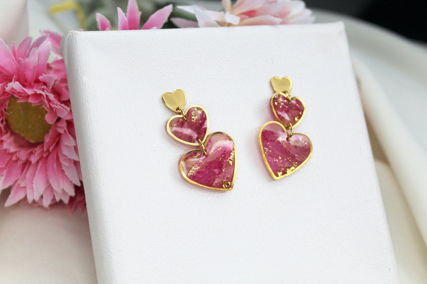 Heart Earrings, Valentine's Day Earrings, Marble Polymer Clay Earrings, Statement Earrings, Elegant Earrings, Pink Earrings, Handmade, Gift