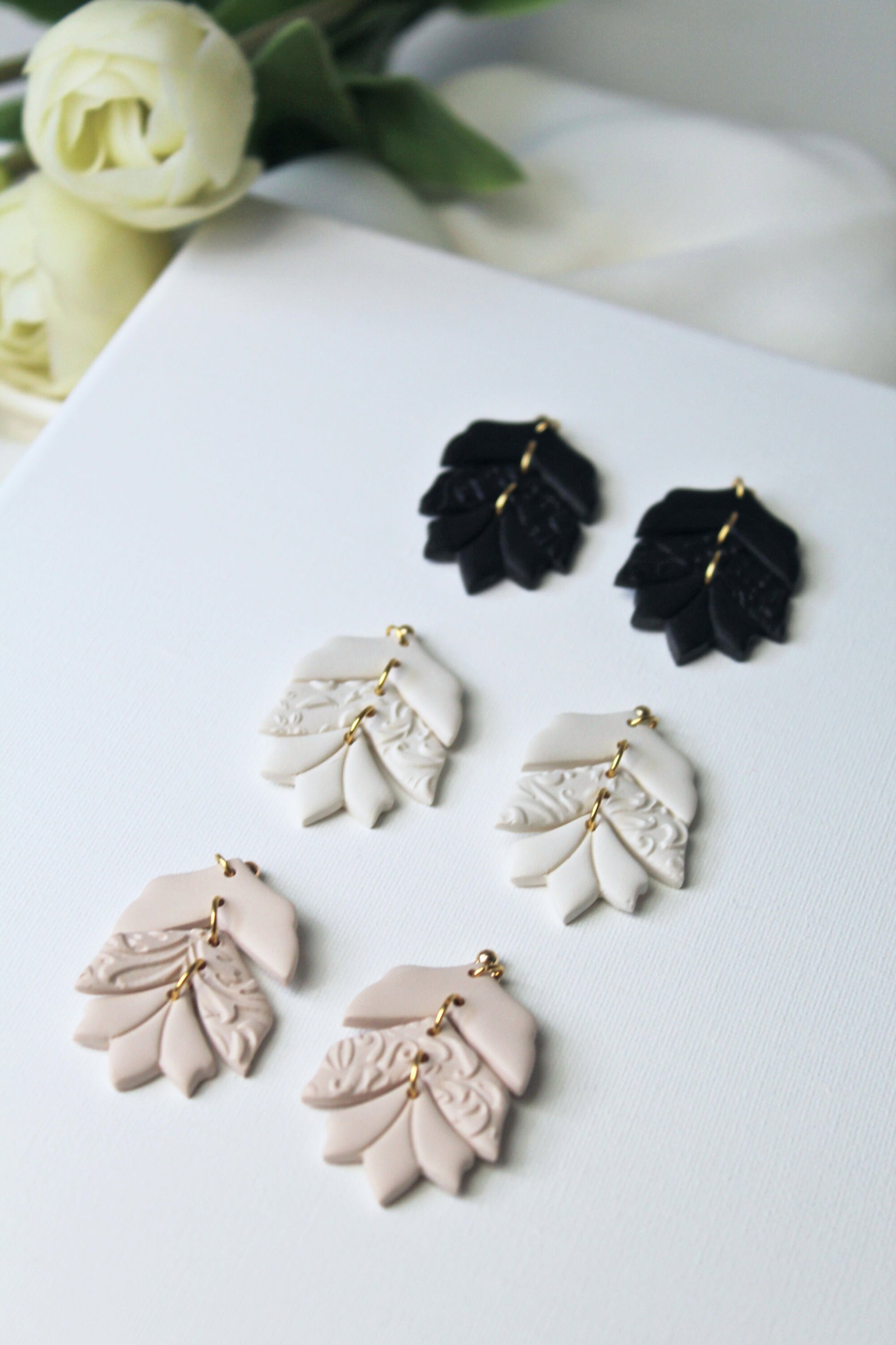 Earrings Polymer Clay, Leaf Earrings, Flower Earrings, Statement Earrings, Nature Inspired, Clay Earrings Handmade, Beige, White, Black,Gift