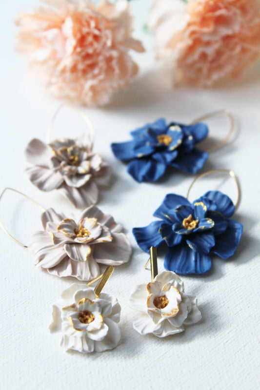 Flower Hoop Earrings, Flower Earrings, Clay Earrings, Floral Earrings, Blue, White, Beige, Hoops, Hoop Earrings, Statement Earrings,Handmade