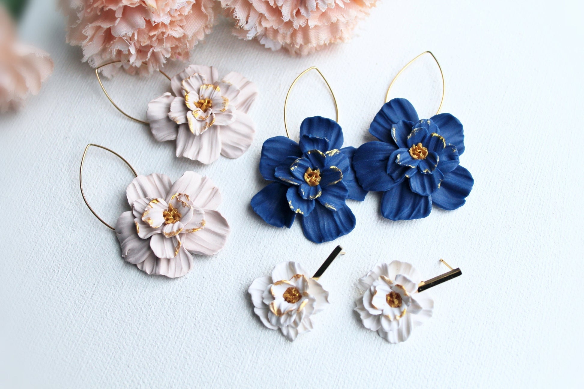 Flower Hoop Earrings, Flower Earrings, Blue, White, Beige, Handmade