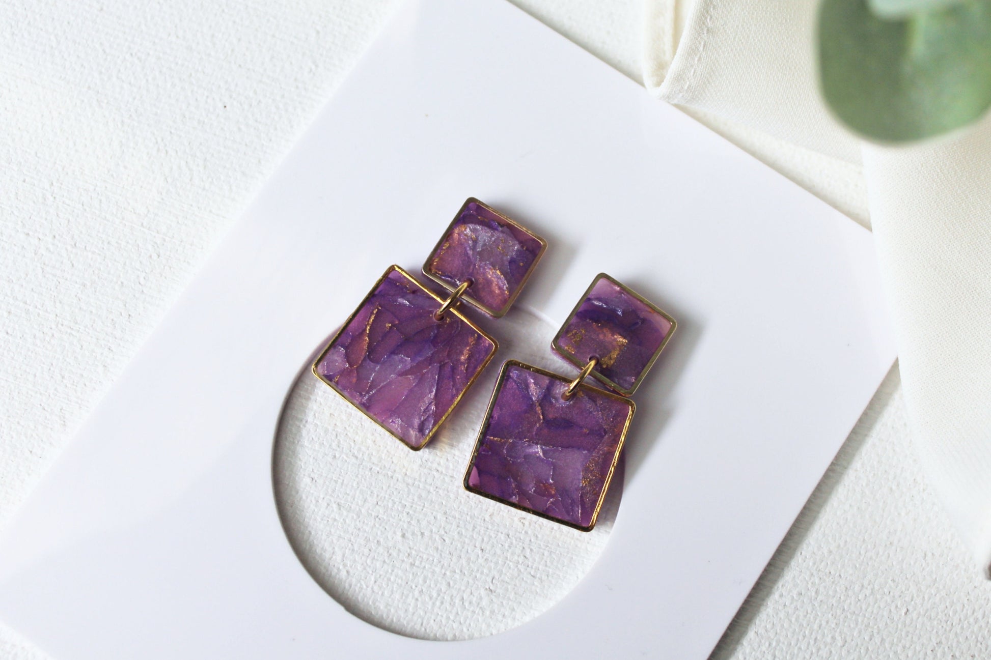 Square Geometric Earrings, Polymer Clay Earrings, Geometric Earrings, Statement Earrings, Faux Stone, Purple Marble Earrings, Handmade