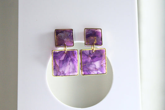 Square Geometric Earrings, Polymer Clay Earrings, Geometric Earrings, Statement Earrings, Faux Stone, Purple Marble Earrings, Handmade