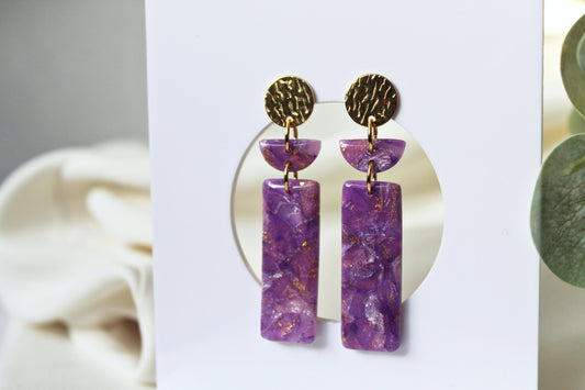 Polymer Clay Earrings, Geometric Earrings, Clay Earrings, Dangle Geometric Earrings, Statement Purple Earrings, Faux Stone, Purple, Handmade