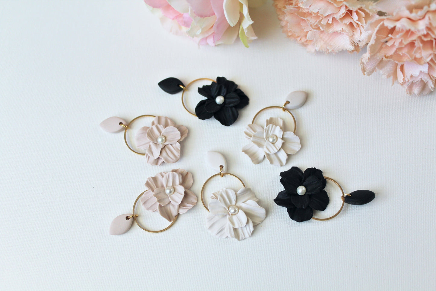 Flower Earrings, Polymer Clay Earrings, Clay Earrings, Floral Earrings, Neutral, Beige, White, Black Earrings, Statement Earrings, Handmade