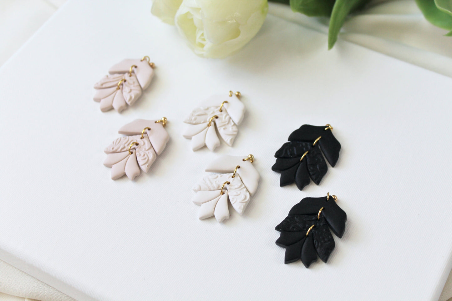 Earrings Polymer Clay, Leaf Earrings, Flower Earrings, Statement Earrings, Nature Inspired, Clay Earrings Handmade, Beige, White, Black,Gift