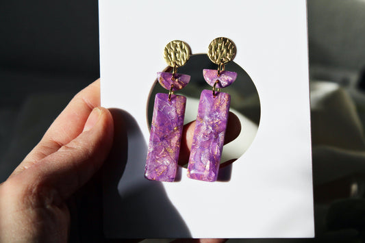 Polymer Clay Earrings, Geometric Earrings, Clay Earrings, Dangle Geometric Earrings, Statement Purple Earrings, Faux Stone, Purple, Handmade