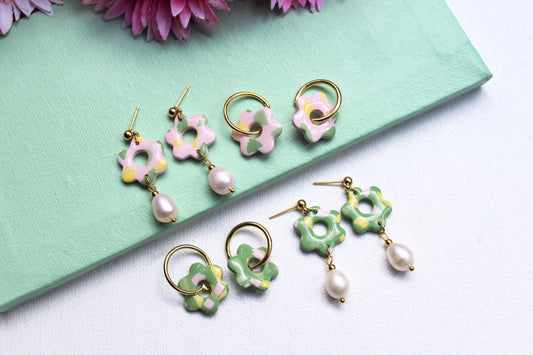 Polymer Clay Earrings, Floral Earrings, Flower Earrings with Pearls, Pearl Hoop Earrings, Spring Earrings, Green, Pink, Earrings, Handmade