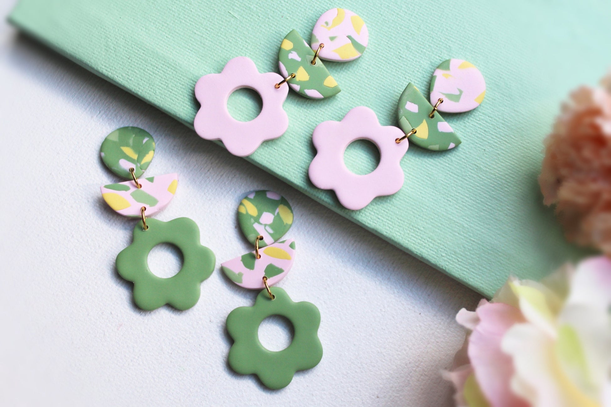 Floral Earrings, Flower Earrings, Polymer Clay Earrings, Spring Earrings, Statement Earrings, Green, Pink, Earrings, Handmade Clay Earrings