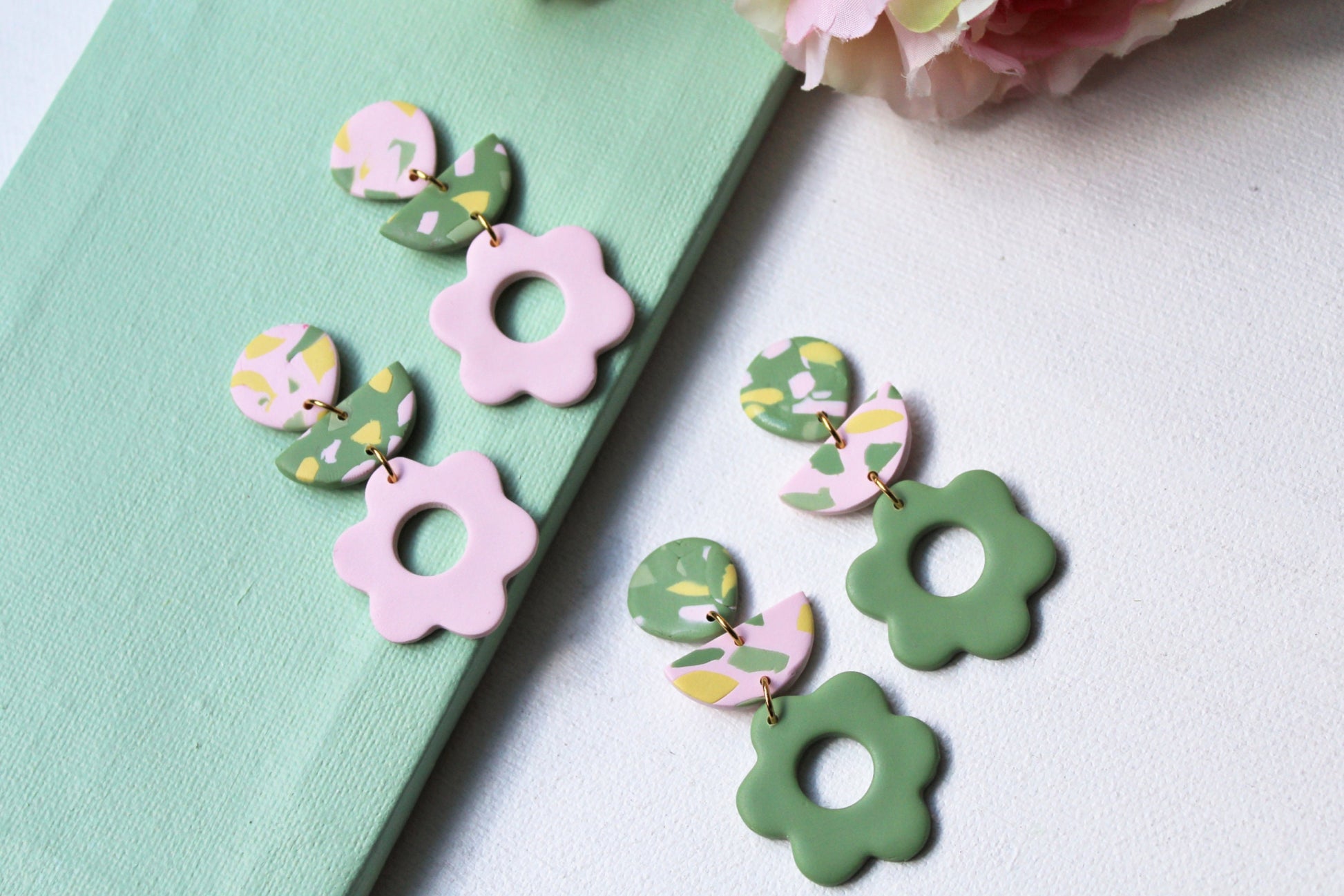 Floral Earrings, Flower Earrings, Polymer Clay Earrings, Spring Earrings, Statement Earrings, Green, Pink, Earrings, Handmade Clay Earrings