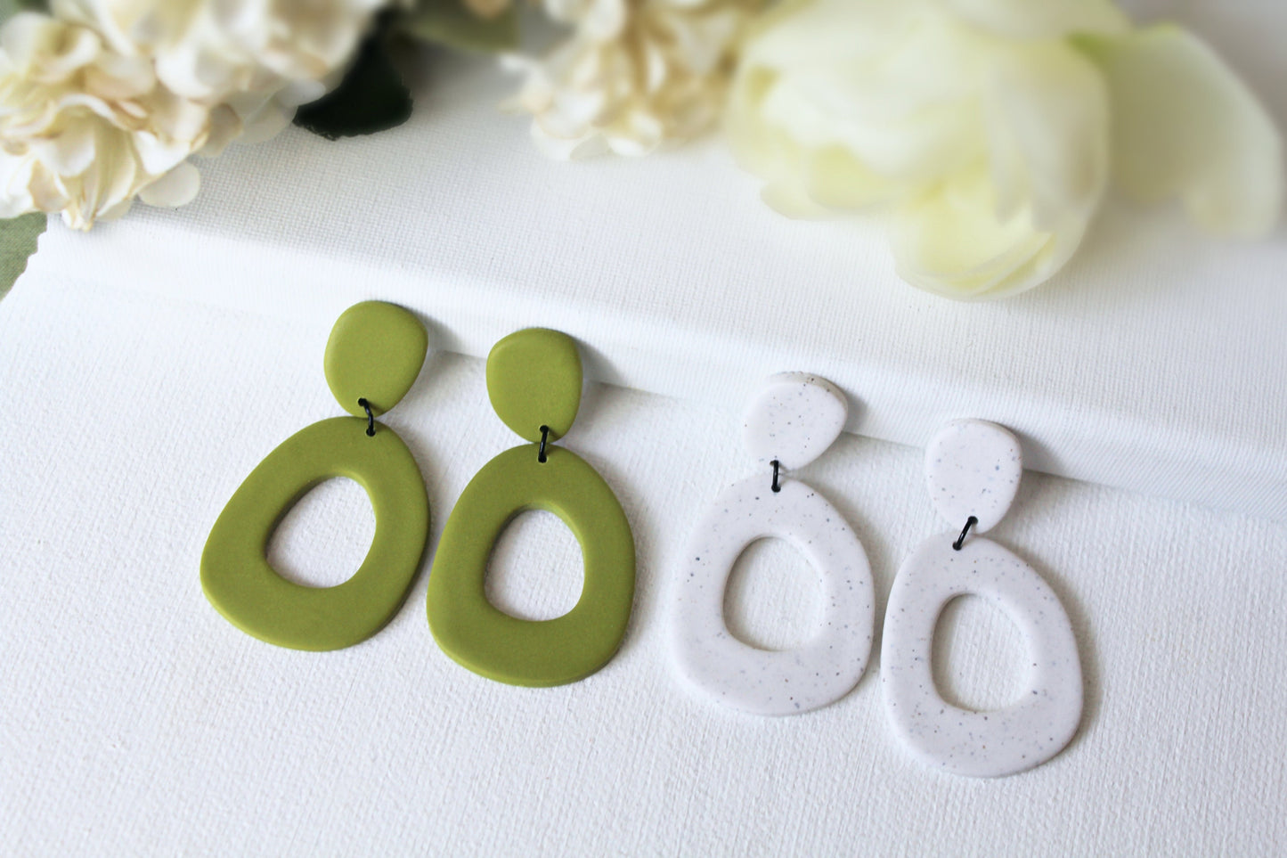 Large Statement Earrings, Dangle Earrings, Statement Earrings, Polymer Clay Earrings, Spring Earrings, Modern Earrings, Green, White