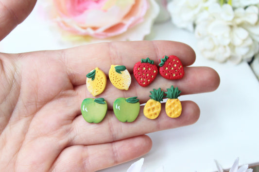 Fruit Earrings Studs, Two Pairs of Stud Earrings, Polymer Clay Earrings, Fruit Studs, Clay Stud Earrings, Earrings Pack, Lemon Studs