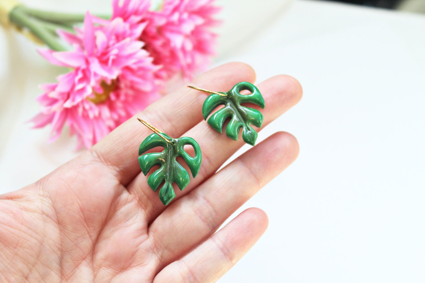Monstera Leaf Earrings, Leaf Hoops, Polymer Clay Earrings, Leaf Earrings, Green, Nature, Plant Earrings, Clay Earrings, Earrings, Handmade