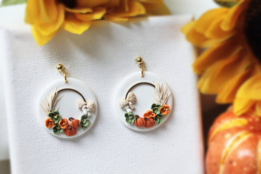 Fall Earrings, Wreath Earrings, Autumn Earrings, Polymer Clay Earrings, Pumpkin Earrings, Mushroom, Halloween, Clay Earrings, Handmade, Gift