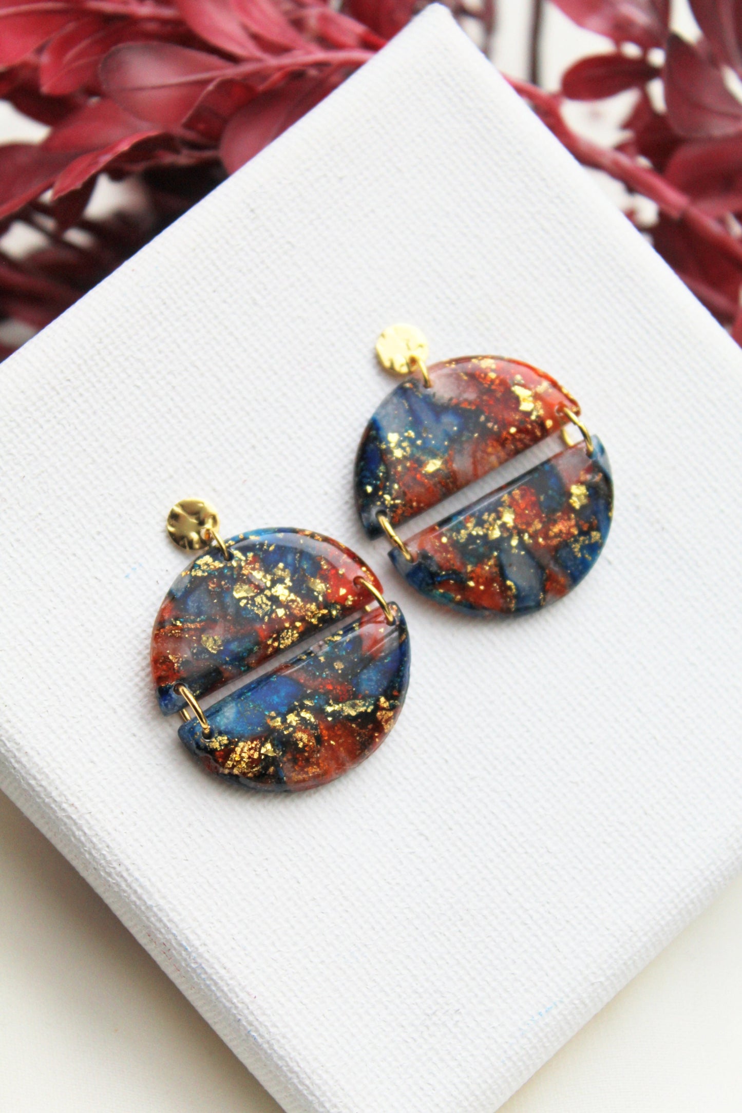 Statement Earrings, Marble Earrings, Blue, Red, Golden, Polymer Clay Earrings, Christmas Party, Elegant Earrings, Clay Earrings, Handmade