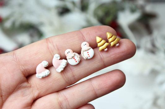 Christmas Tree Earrings, Tiny Stud Earrings, Christmas Stud Earrings, Polymer Clay Earrings, Christmas Earrings, Stud Pack, Snowman, Gift