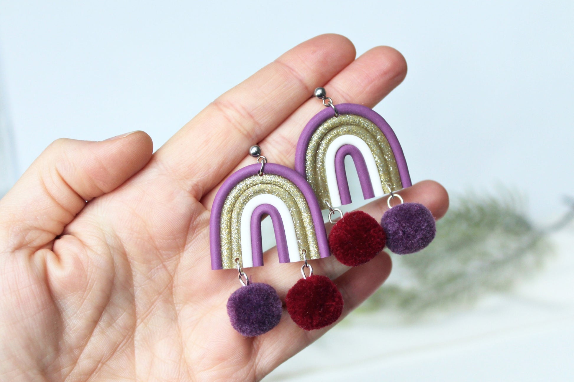 Rainbow Earrings, Christmas Earrings, Dangle Earrings, Pompon Earrings, Polymer Clay Earrings, Holiday Earrings, Handmade, Green, Purple