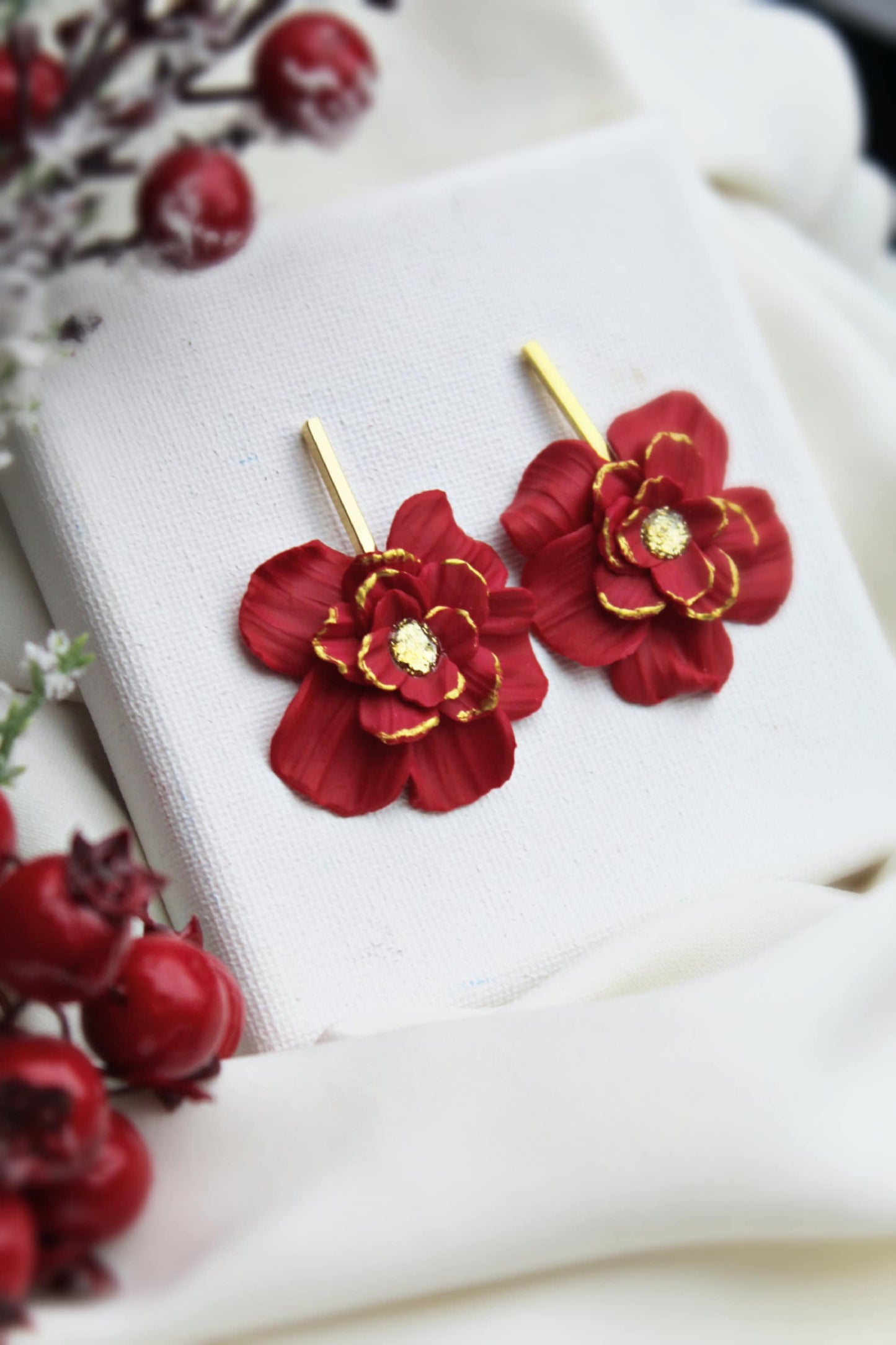 Christmas Flower Earrings, Flower Earrings, Red Flower Earrings, Clay Earrings, Floral Earrings, Christmas Earrings, Statement, Handmade