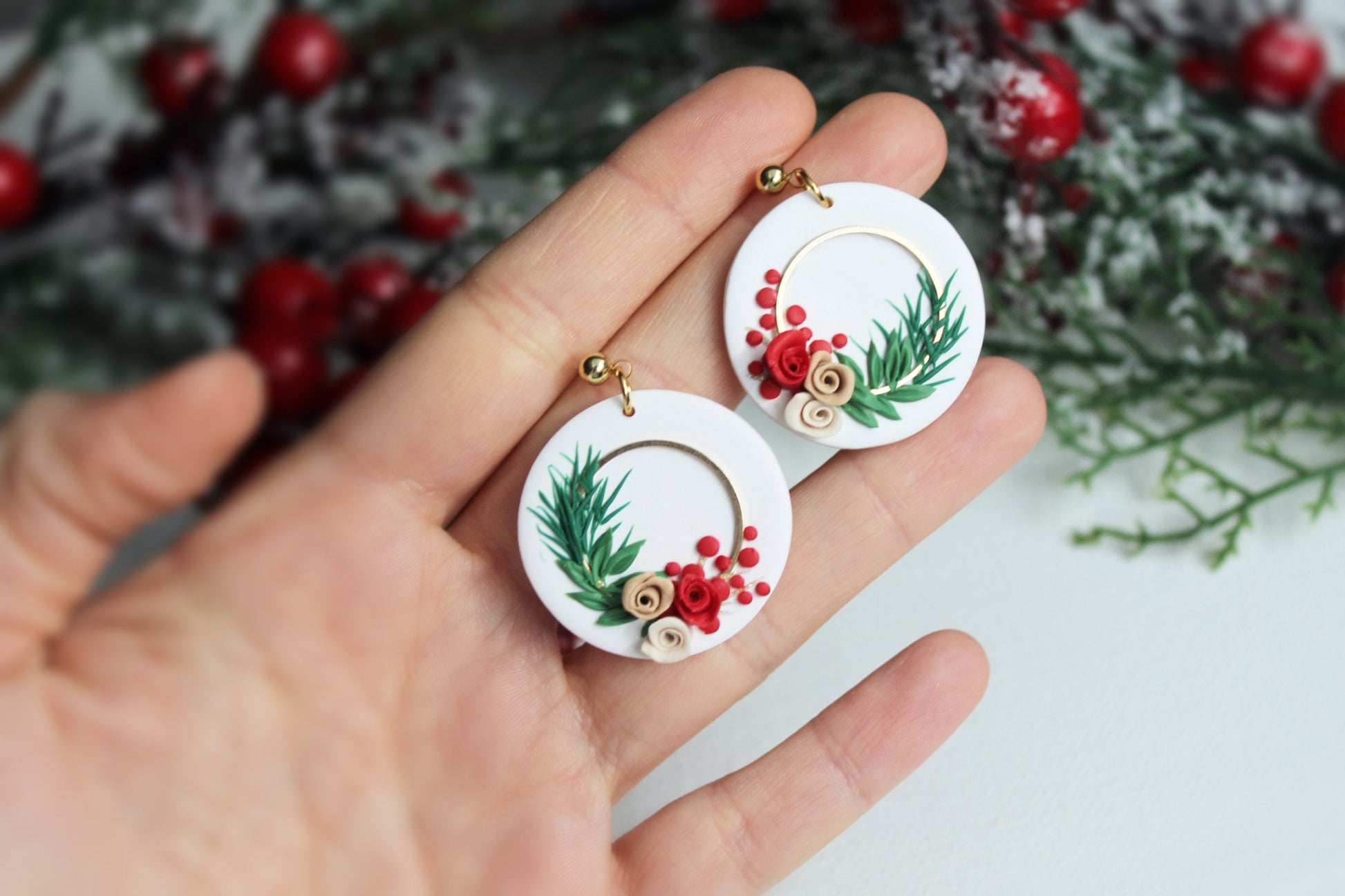 Wreath Earrings, Autumn, Winter Earrings, Polymer Clay Earrings, Christmas Earrings, Gift for Her, Holiday Earrings, Clay Earrings, Handmade