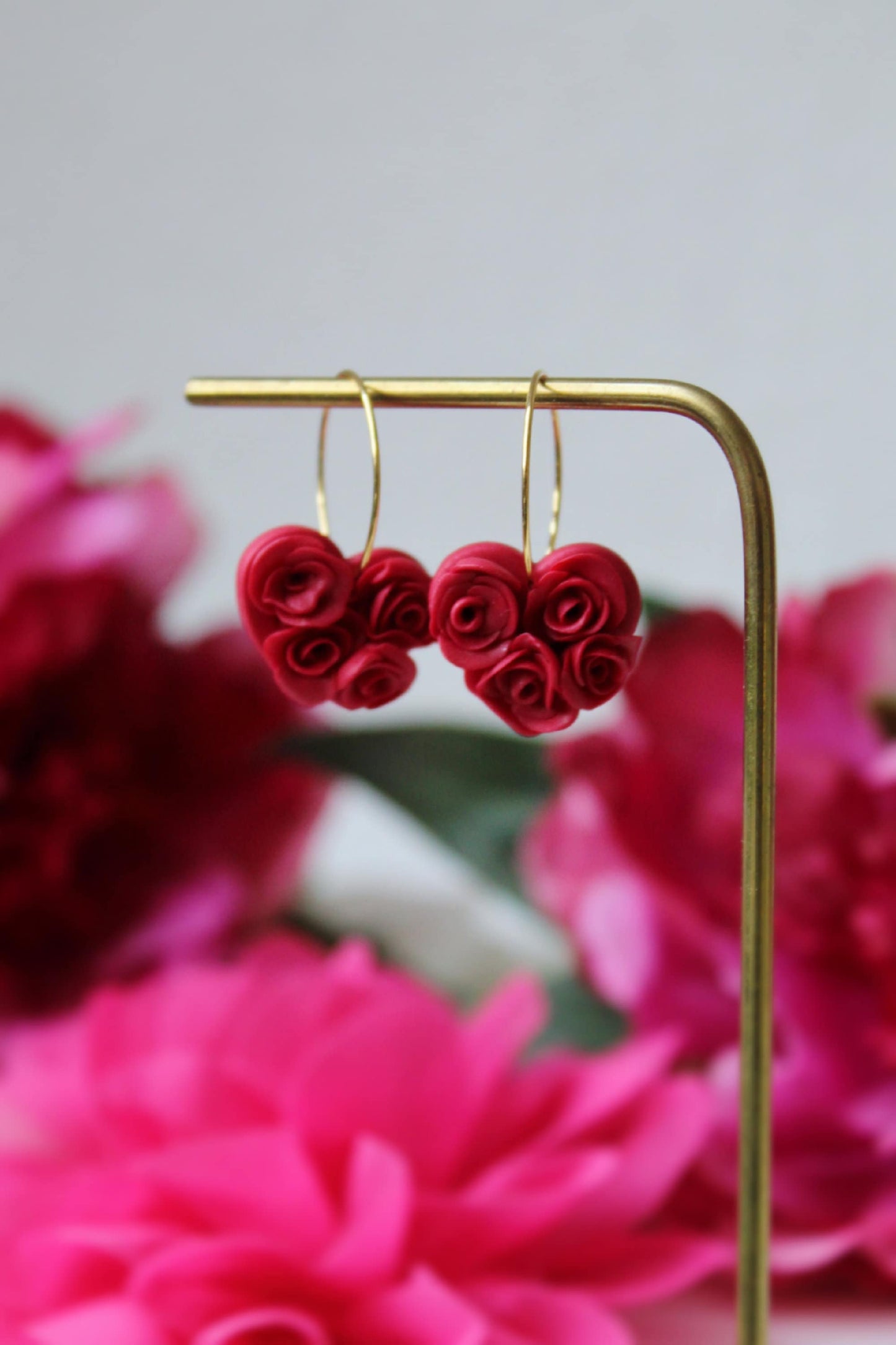 Heart Earrings, Valentines Earrings, Rose Hoop Earrings, Clay Earrings, Polymer Clay Floral Earrings, Spring Earrings, Handmade,Gift for Her
