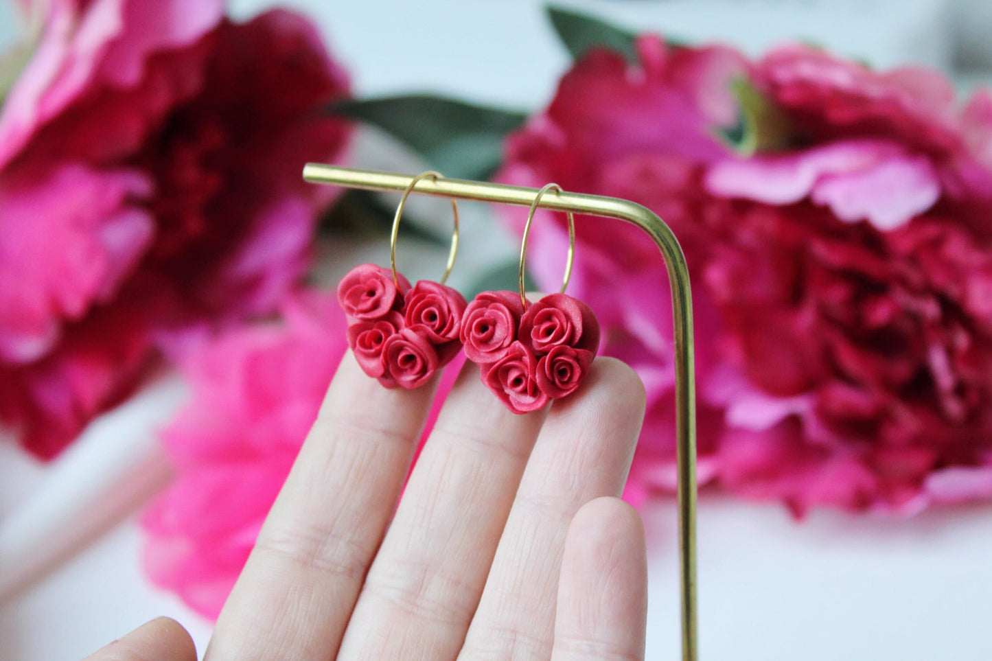 Heart Earrings, Valentines Earrings, Rose Hoop Earrings, Clay Earrings, Polymer Clay Floral Earrings, Spring Earrings, Handmade,Gift for Her