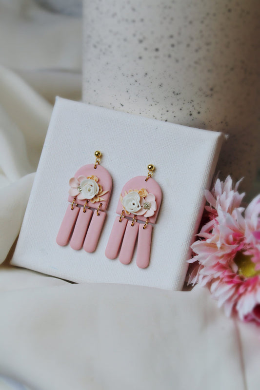 Floral Earrings, Valentines Day Earrings, Flower Earrings, Pink, Wedding Earrings, Polymer Clay Earrings, Earrings Dangle, Spring,Handmade