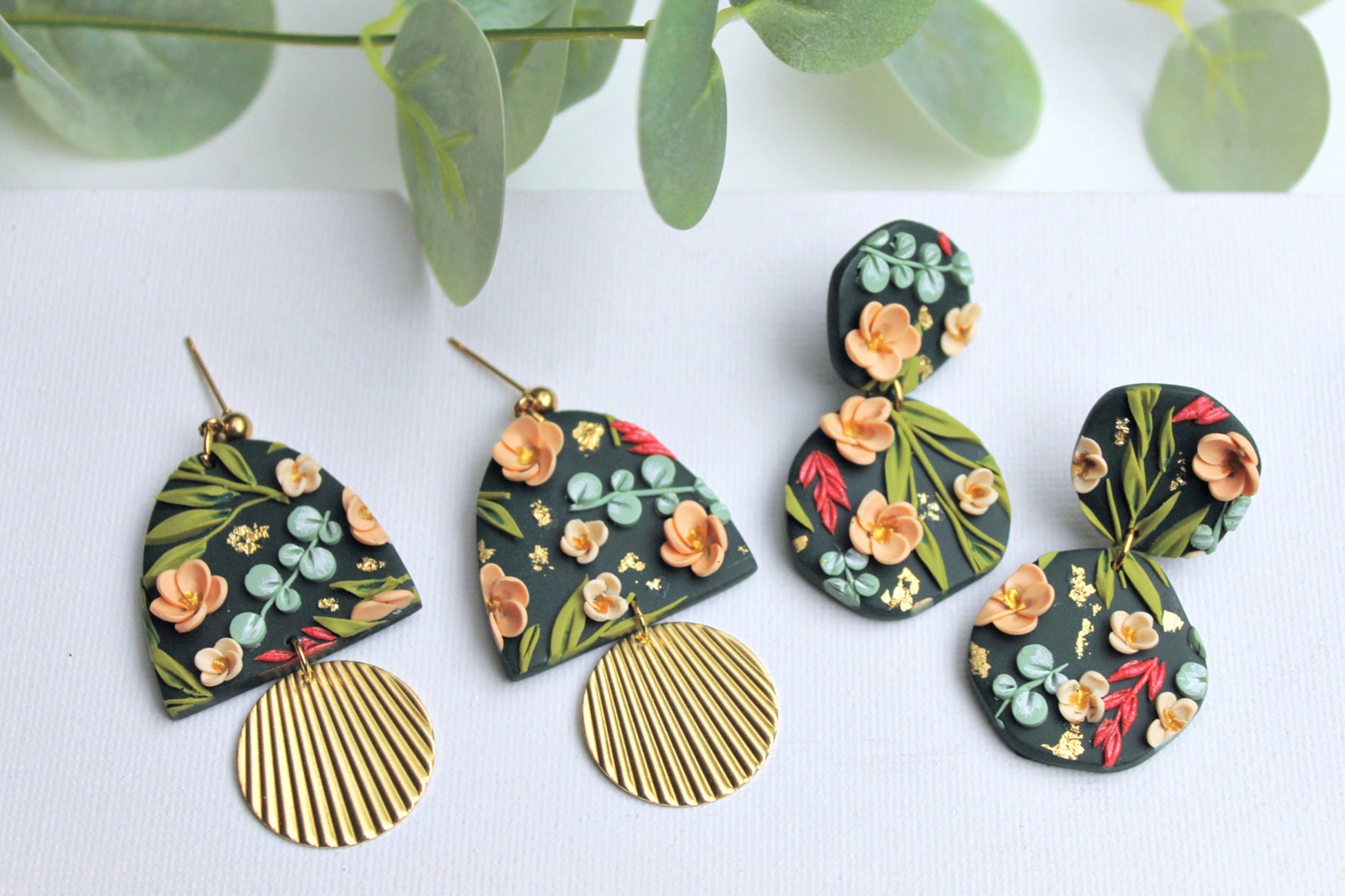 Handmade Earrings, Green Earrings, Flower Earrings, Statement Earrings, Clay Earrings, Floral Dangle Earrings, Spring Earrings, Floral, Gift