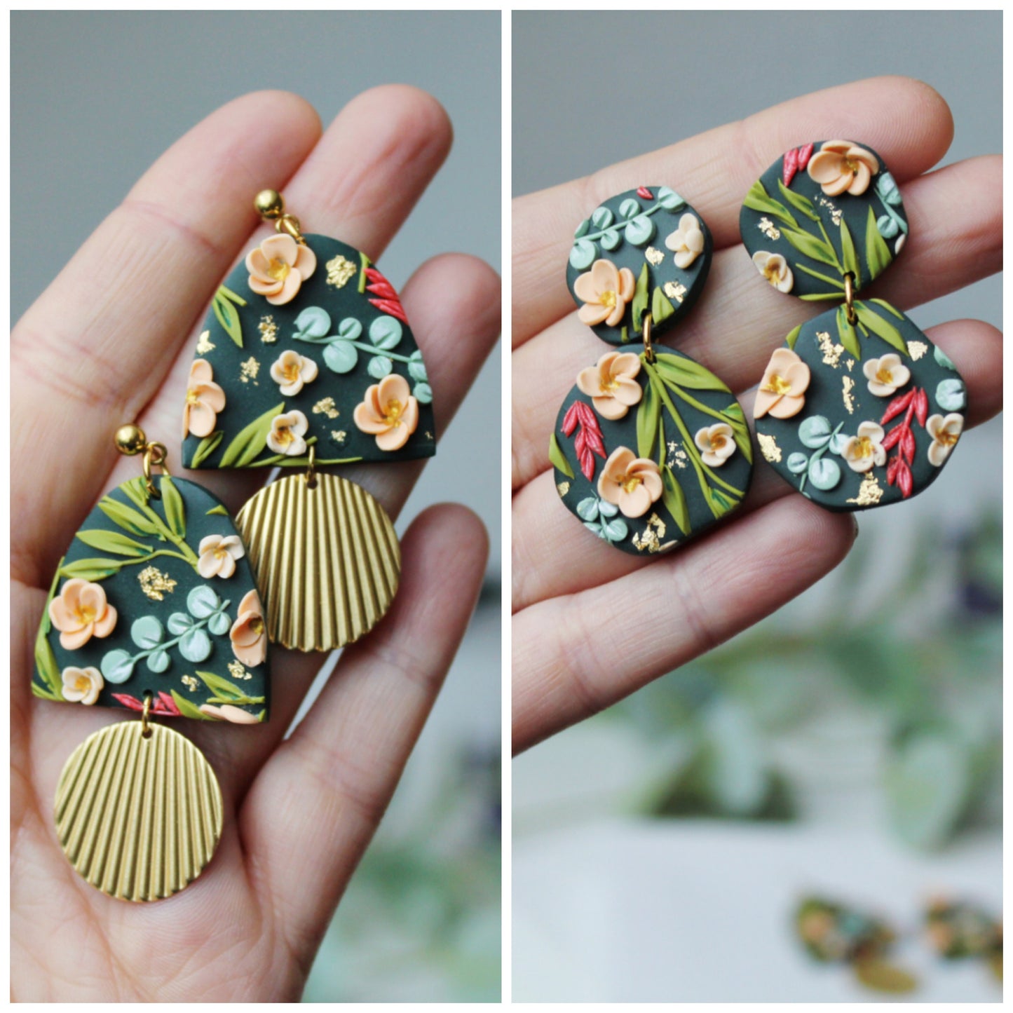 Handmade Earrings, Green Earrings, Flower Earrings, Statement Earrings, Clay Earrings, Floral Dangle Earrings, Spring Earrings, Floral, Gift