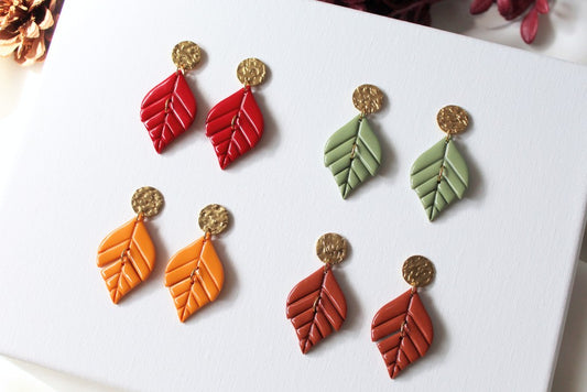 Leaf Earrings, Autumn Earrings, Polymer Clay Earrings with Stainless Steel Studs