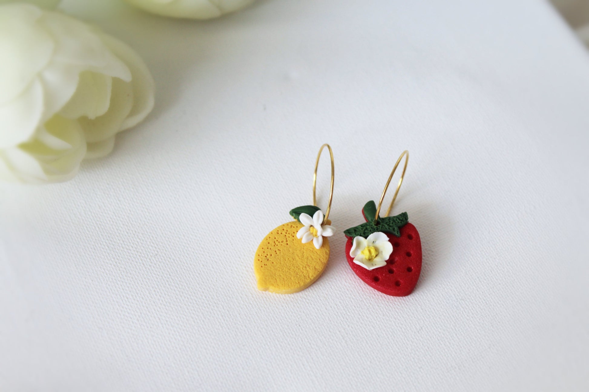 Lemon and Strawberry Hoops, Polymer Clay Earrings, Spring Summer Earrings, 18K gold plated - Studio Niani
