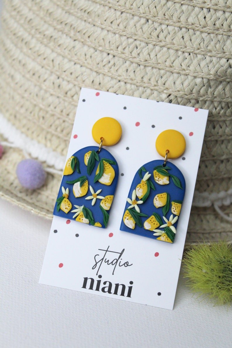 Lemon Earrings, Yellow and Navy Blue Handmade Earrings, Polymer Clay Earrings - Studio Niani