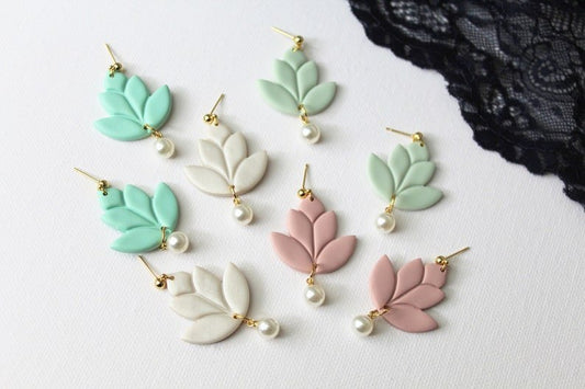 Lotus Earrings, Floral Earrings, Polymer Clay Earrings with Pearls, Pastel - Studio Niani