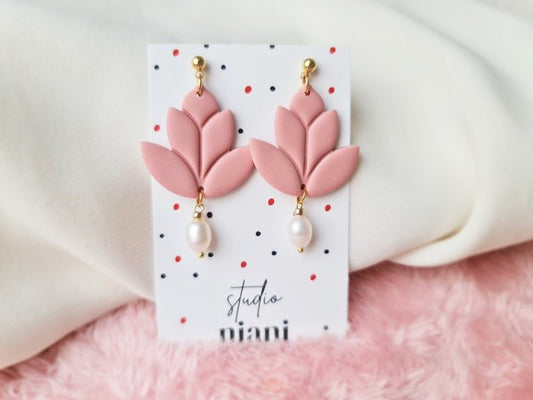 Lotus Flower Earrings, Polymer Clay Earrings with Natural Pearl, Dusty Pink - Studio Niani