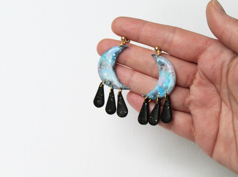 Moon and Galaxy Earrings, Hand Painted Crescent Earrings, Polymer Clay Earrings, 18 K gold plated studs - Studio Niani