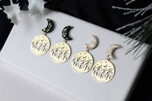 Moon Polymer Clay Earrings, Winter Wonderland Brass Pendant - Studio Niani