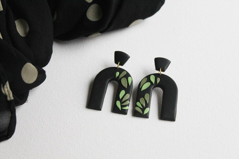 Mosaic Arch Earrings, Polymer Clay Earrings with Green Leaf Mosaic Design, Black Dangle Earrings - Studio Niani
