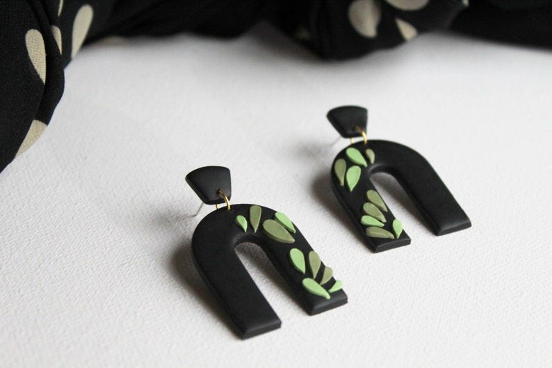 Mosaic Arch Earrings, Polymer Clay Earrings with Green Leaf Mosaic Design, Black Dangle Earrings - Studio Niani