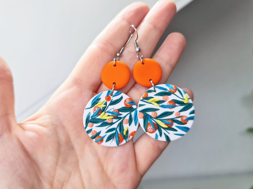 Statement Orange Earrings, Polymer Clay Earrings, Spring Summer, Fruit Dangle Earrings - Studio Niani