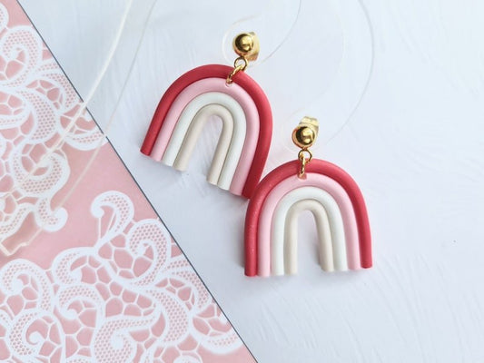 Pink Rainbow Earrings, Polymer Clay Earrings, Minimalistic, 18k gold plated ball studs - Studio Niani