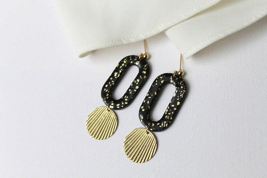 Polymer Clay Earrings, Elegant Earrings, Black and Gold Earrings, 18k gold plated ball studs - Studio Niani