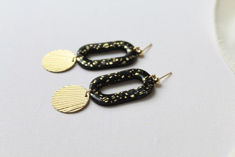 Polymer Clay Earrings, Elegant Earrings, Black and Gold Earrings, 18k gold plated ball studs - Studio Niani