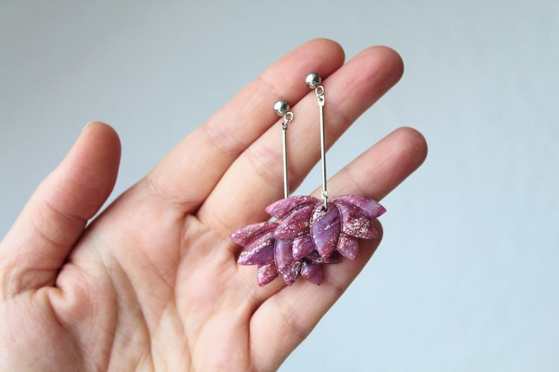 Polymer Clay Earrings, Lotus Earrings, Floral Dangle Earrings, Purple, Stainless Steel - Studio Niani