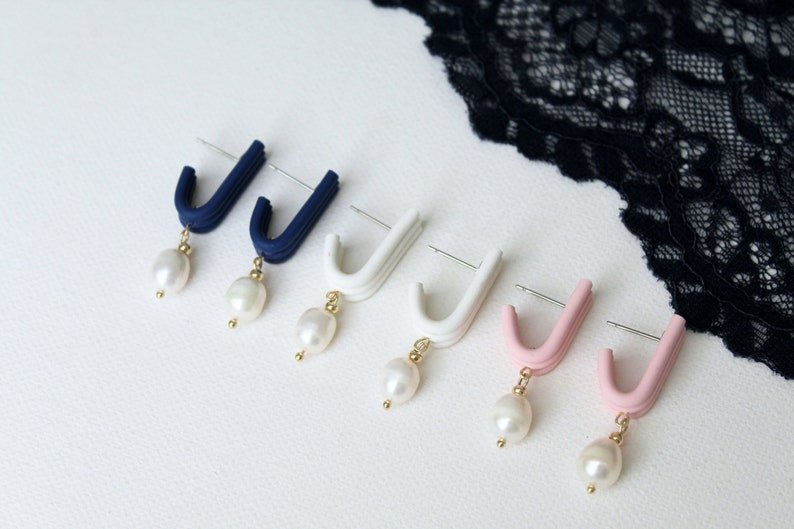 Polymer Clay Stud Earrings, Elegant Earrings, Huggie Earrings with Freshwater Pearl - Studio Niani