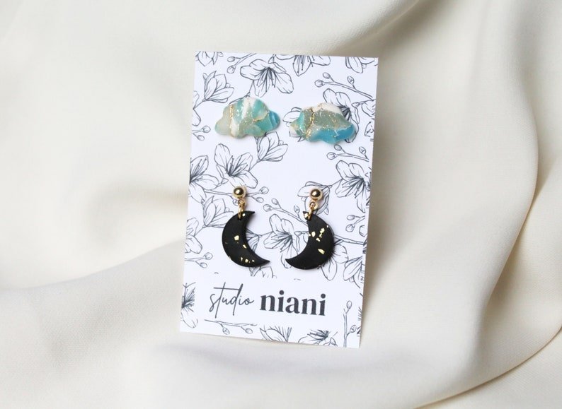 Polymer Clay Studs, Earrings Studs Set, Moon and Cloud, Stainless Steel Studs - Studio Niani