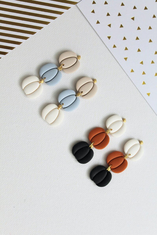 Pumpkin Dangle Earrings, Polymer Clay Earrings, Orange, Beige, Black - Studio Niani