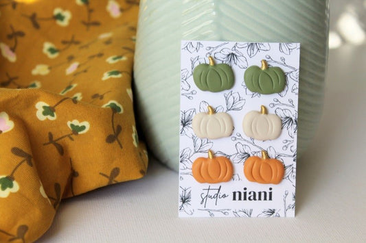 Pumpkin Stud Earrings, Stud Pack of 3 Pairs, Polymer Clay Earrings, Autumn, Halloween - Studio Niani