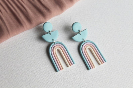 Rainbow Earrings, Blue Statement Earrings, Polymer Clay Earrings, Light Blue, Pastel Pink - Studio Niani
