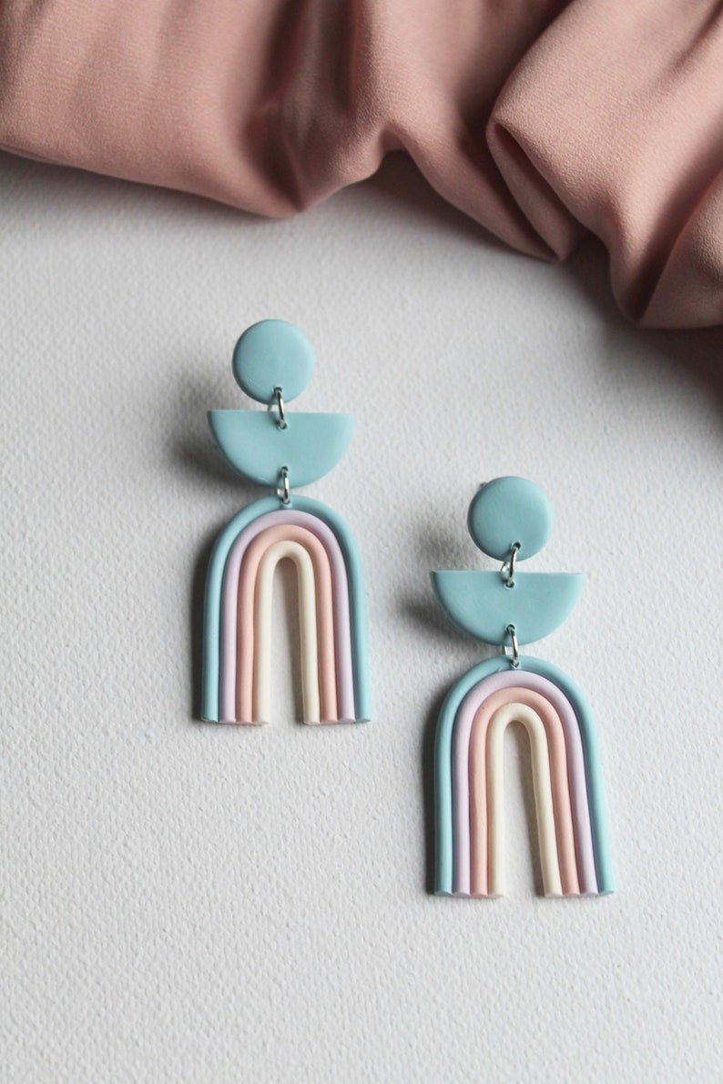 Rainbow Earrings, Blue Statement Earrings, Polymer Clay Earrings, Light  Blue, Pastel Pink
