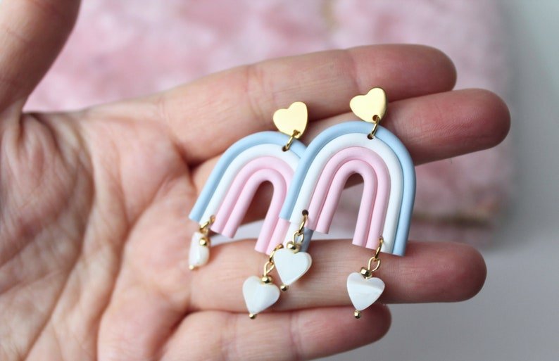 Rainbow Earrings, Clay Earrings, Love and Heart Earrings, Natural Shell Hearts - Studio Niani