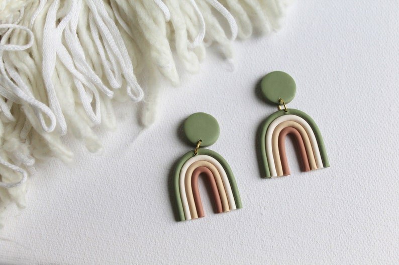 Rainbow Earrings, Every Day Boho Earrings, Polymer Clay Earrings, Minimalistic, Olive Color - Studio Niani