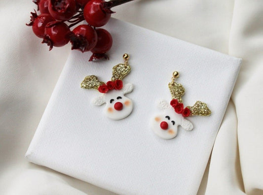 Reindeer Christmas Earrings, Christmas Clay Earrings, 18k gold plated studs - Studio Niani